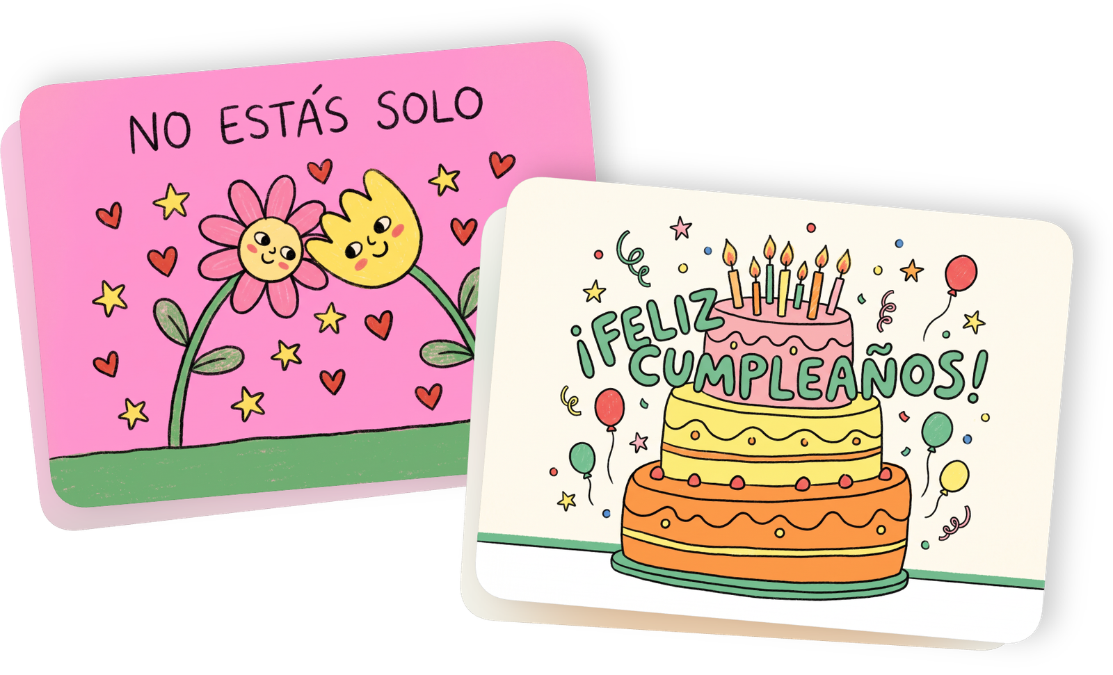 Tarjetas ilustradas de Casi Creativos con mensajes de compañía y cumpleaños